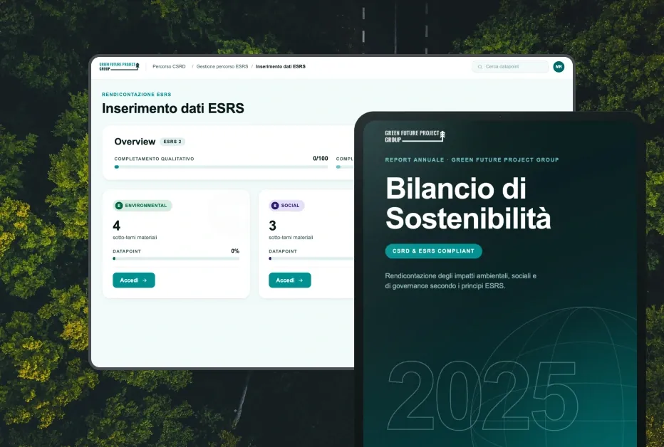ESRSレポーティング・プラットフォームと、タブレットに表示された2025年サステナビリティレポートの表紙のモックアップ