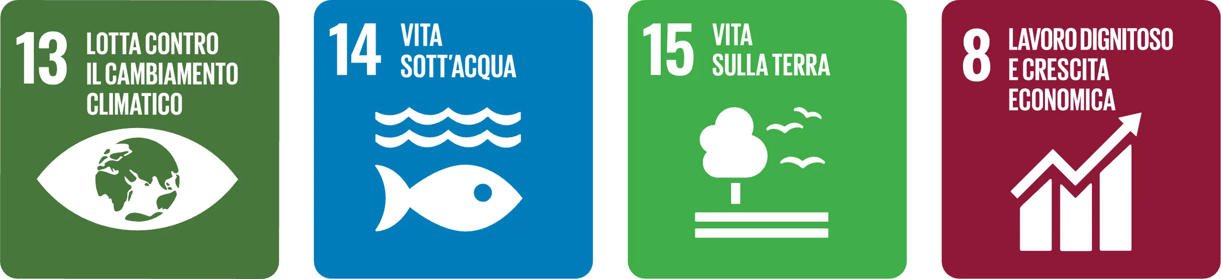 Icone degli Obiettivi di sviluppo sostenibile ONU 13, 14, 15 e 8