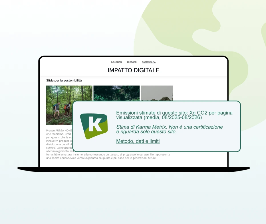 Mockup of a web page with the Karma Metrix badge showing the site’s estimated emissions per page view
