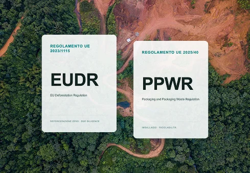Schede EUDR e PPWR su una vista aerea di foresta e terreno disboscato