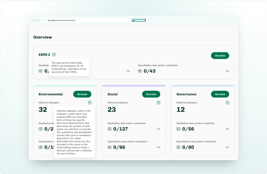 Avanzamento della rendicontazione per pilastro E, S e G nel Sustainability Reporting Software