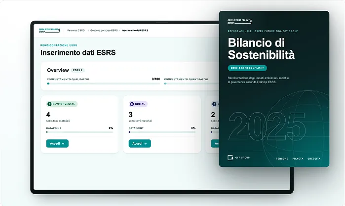 Mockup del Sustainability Reporting Software con la schermata di inserimento dati ESRS e la copertina del Bilancio di Sostenibilità 2025